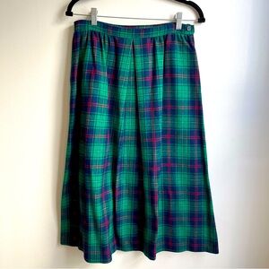 Vintage Women’s Pendleton Wool Green Tartan Plaid Pleated Midi Skirt 14 W 29”